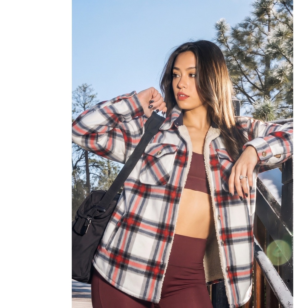 Sage Collective Sherpa Fleece Plaid Shacket Size L Red White Black Jacket